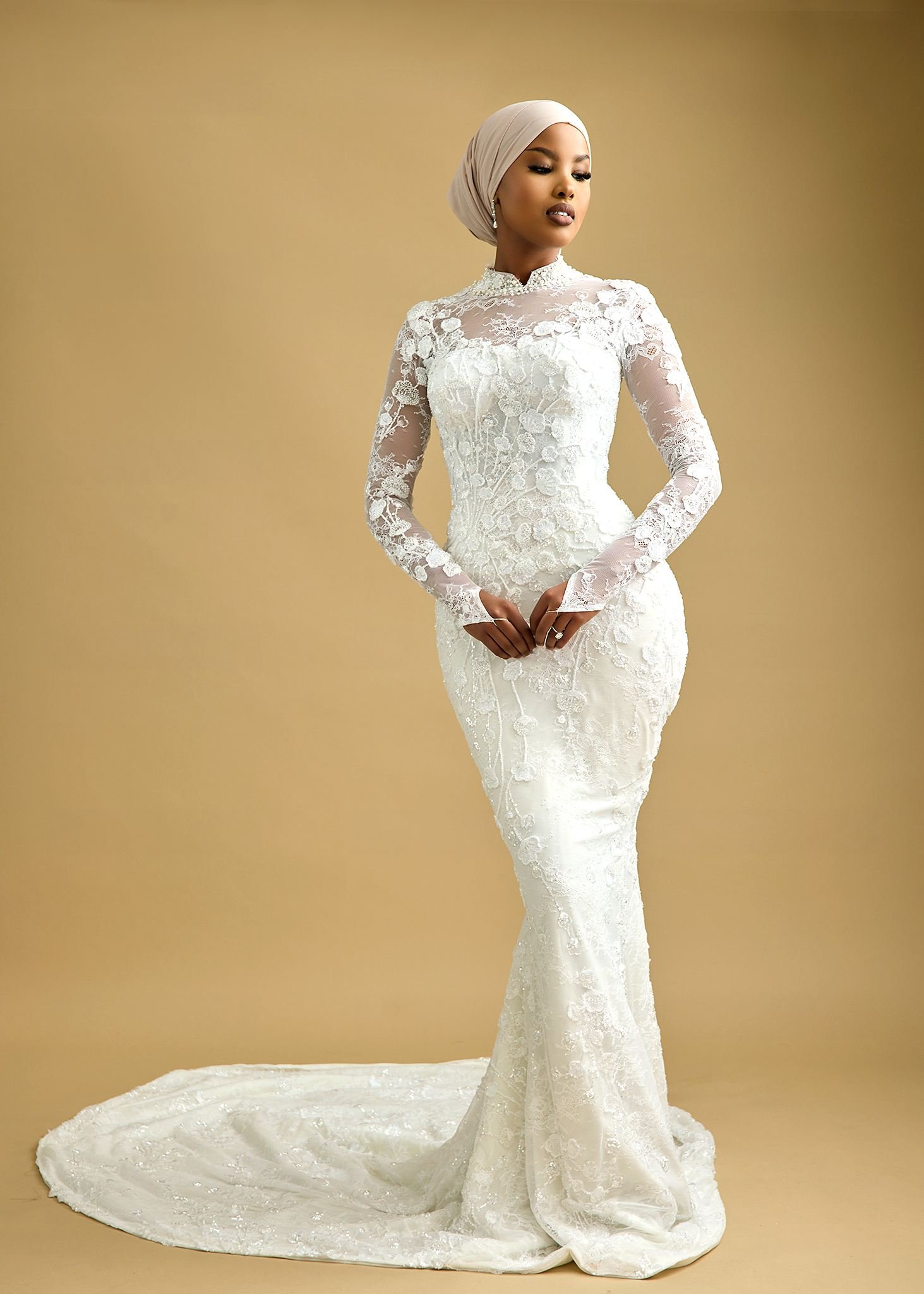 Bridal gown with illusion neckline