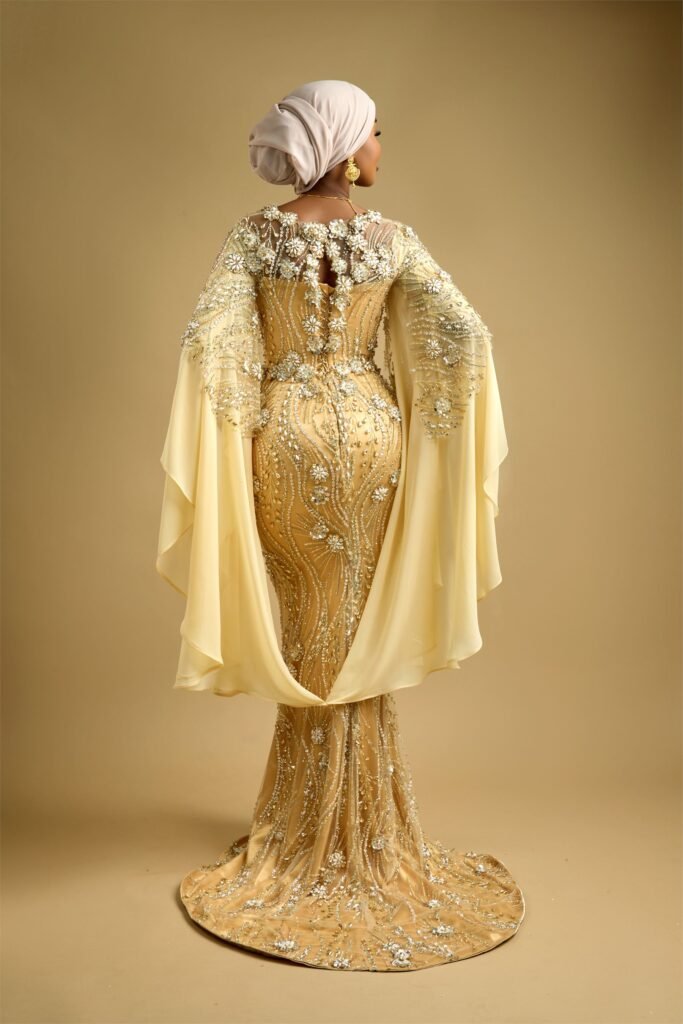 Gold beaded gown train