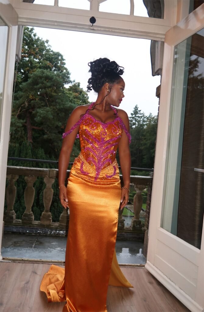 Amber satin gown, back view