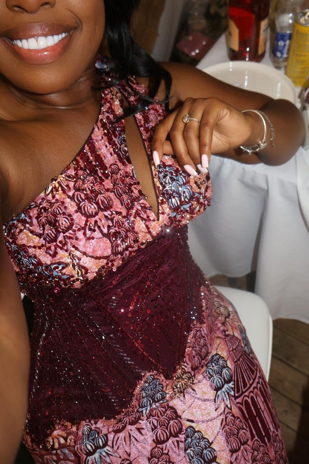 Beaded bodice detail on a traditional gown